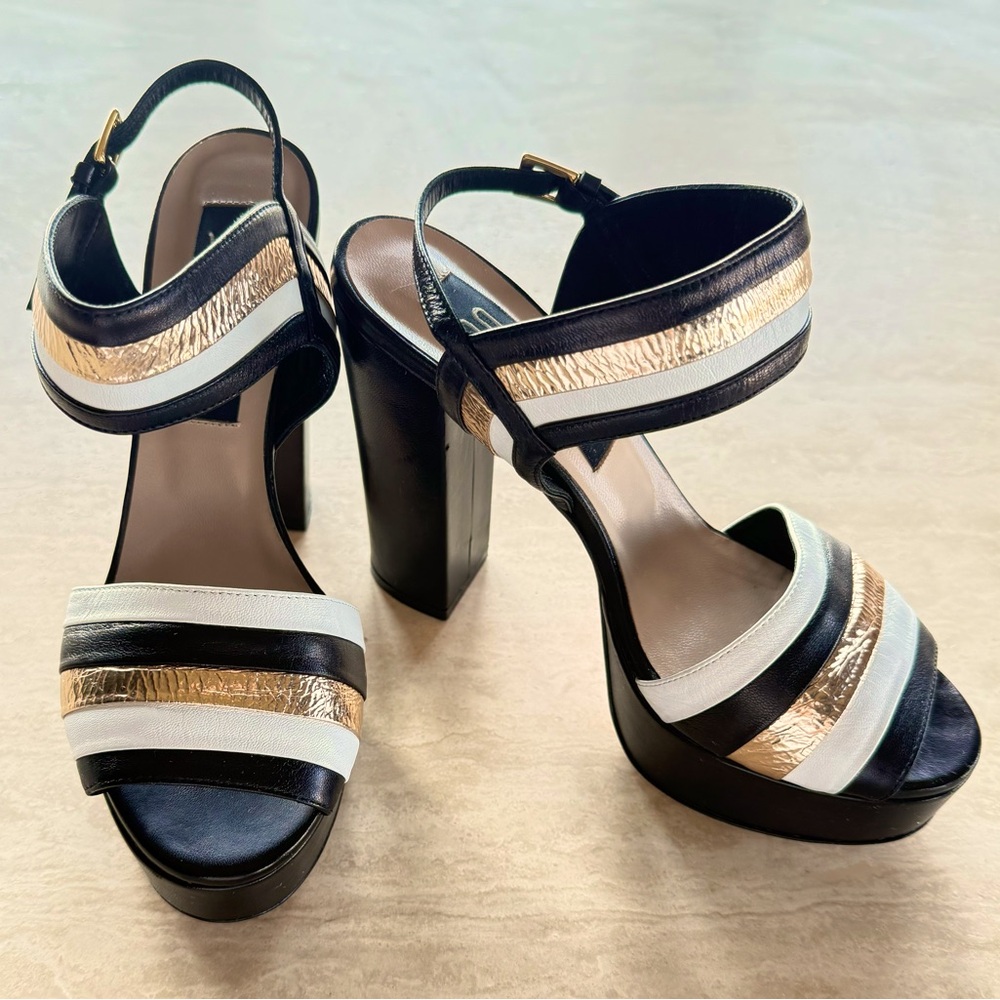 Sebastian Womens Black White and Gold Ankle Strap Platform Sandals Size EU 37.5 - Picture 2 of 12